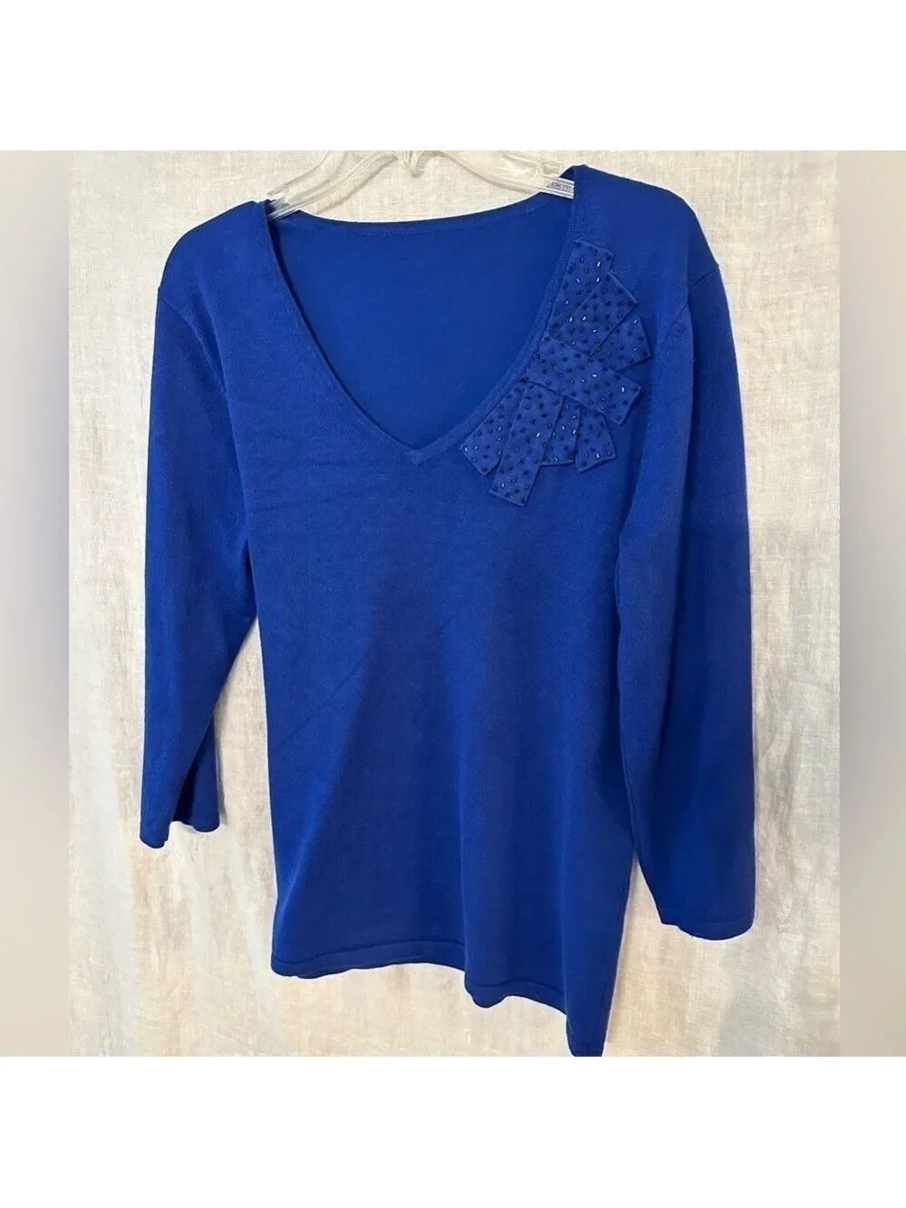 Blue Scooped V neck 3/4 Sleeve Sweater Beaded appliqué type design front left